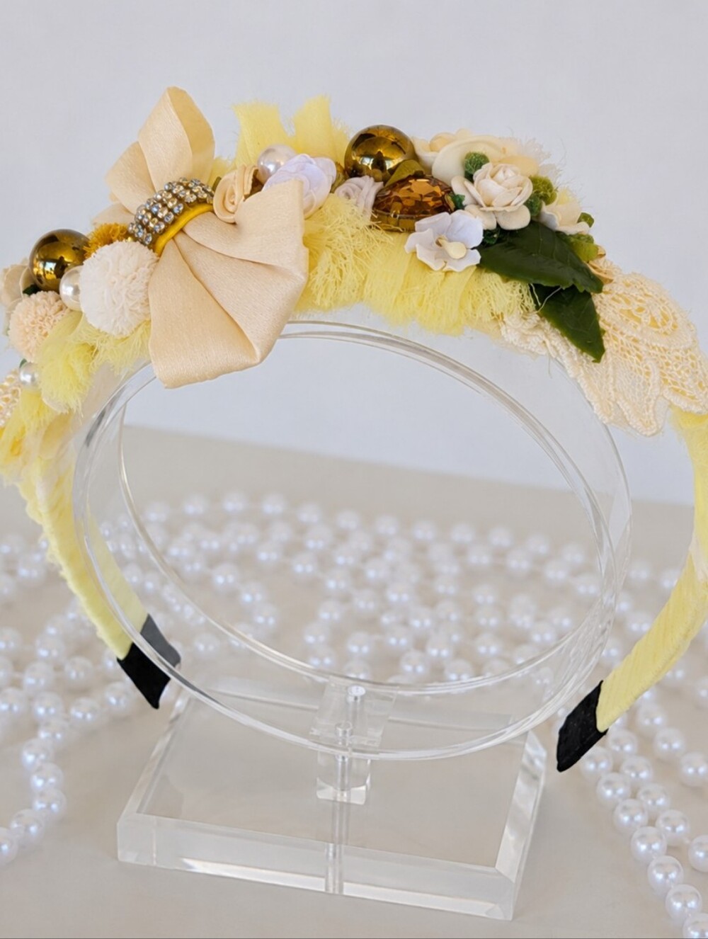 Handmade Yellow Floral Pearl Embellished Padded Headband🎀✨